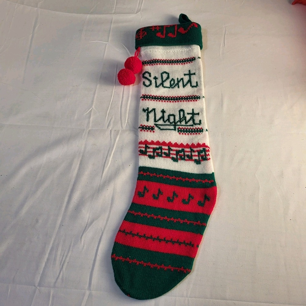 Vtg 22" Acrylic Knit Christmas Stocking Silent Night Pompom Taiwan - Picture 3 of 4
